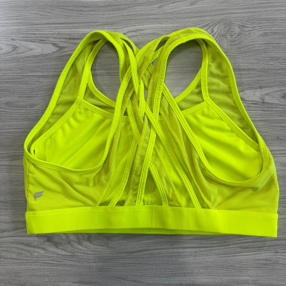 Fabletics Neon Yellow Mesh Strappy Back Sports Bra Womens Medium Activewear - Picture 2 of 5